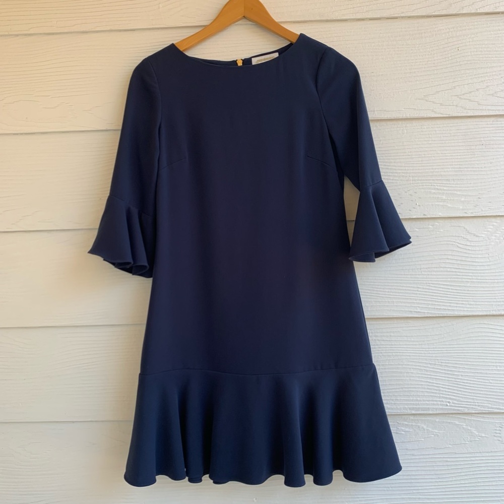 Sail to Sable Navy Blue Shift Dress size 2 M flared 3/4 Sleeves Zipper Ruffled